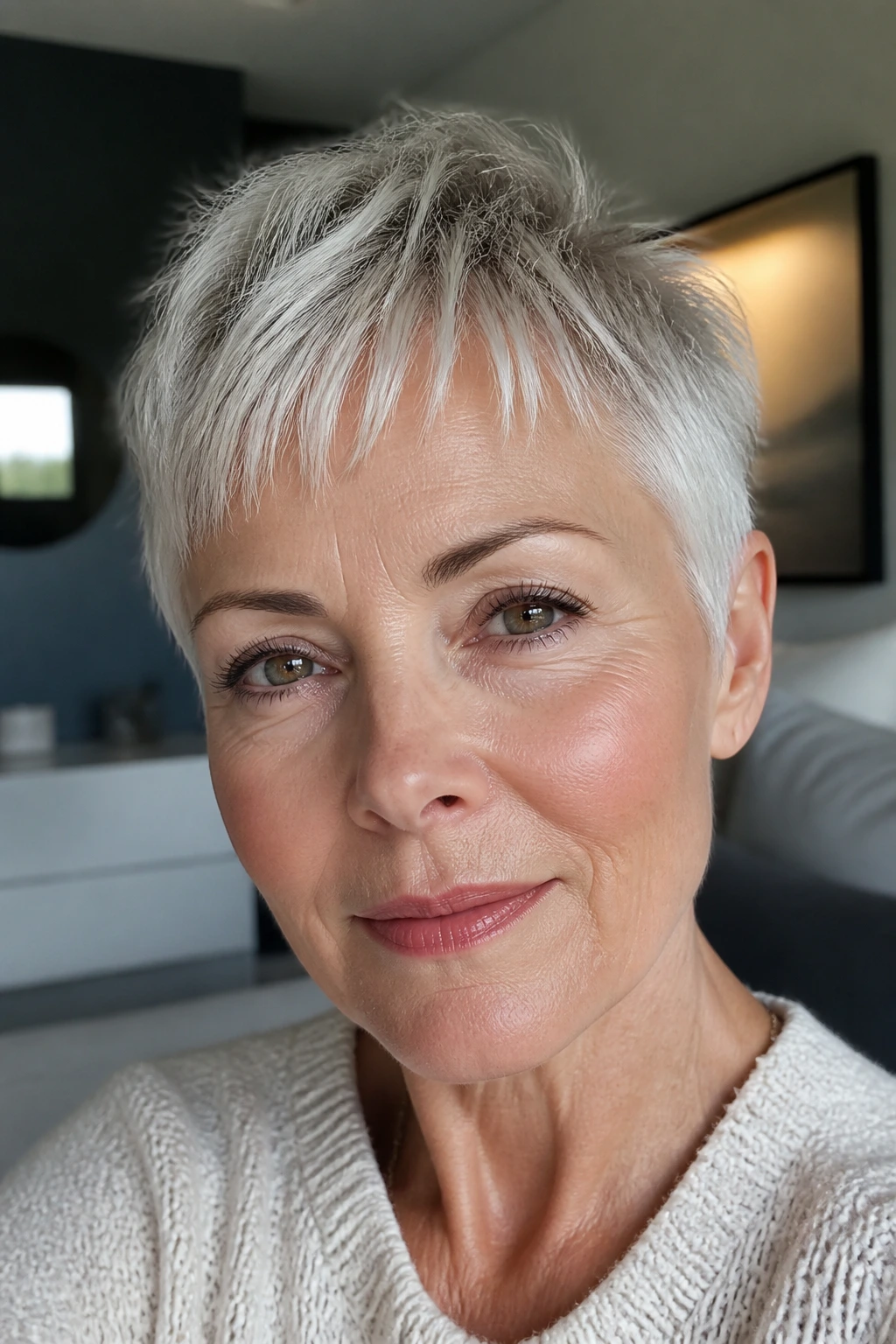 Close-up of a real woman with feather-light pixie fringe
