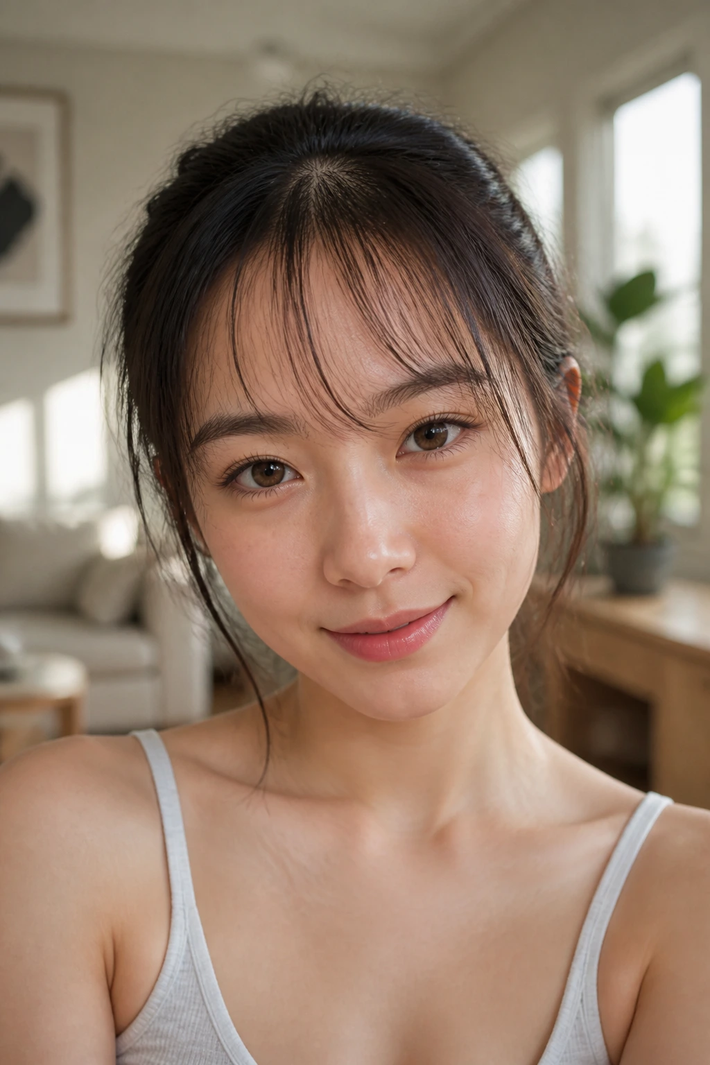 Real person with feather-light see-through bangs in bright light