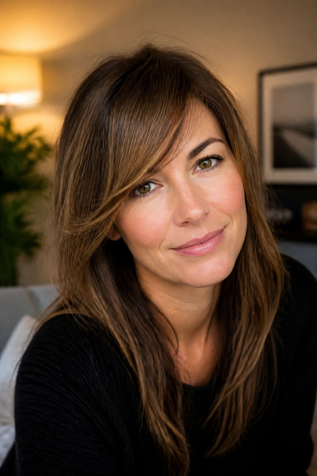 Close-up of a real woman with feather-light side-sweep bangs