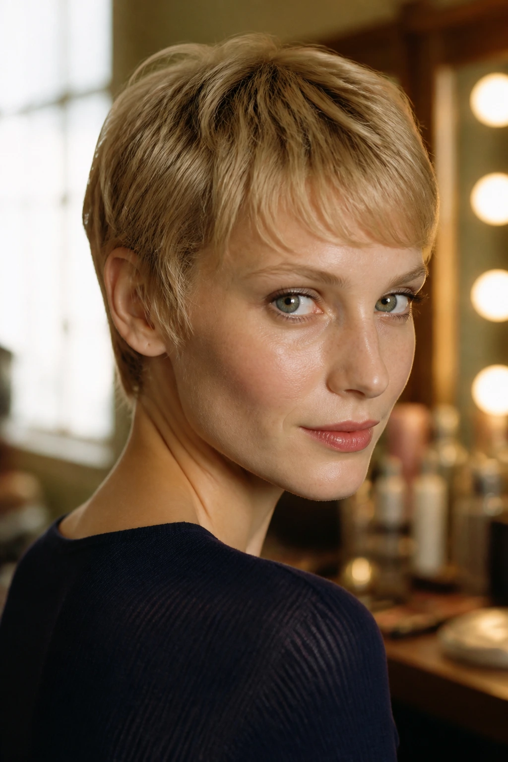 Close-up of a real woman with Mia Farrow Feather Pixie hairstyle; fine feathery layers and wispy fringe, natural window light.