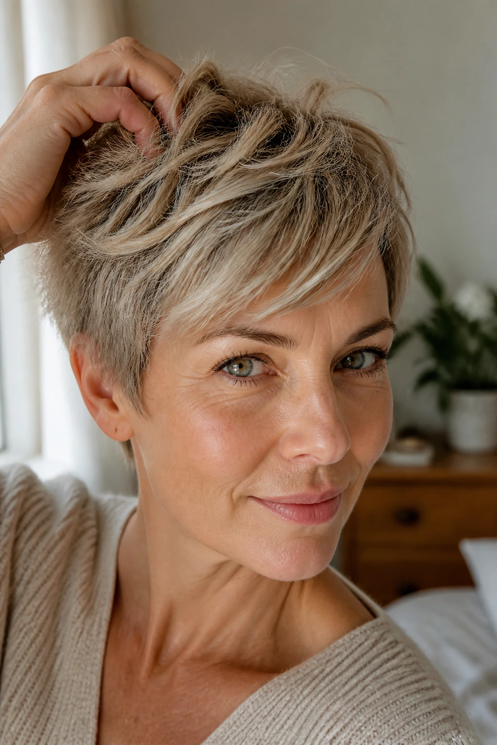 Close-up of a woman with a tousled feather pixie under natural window light