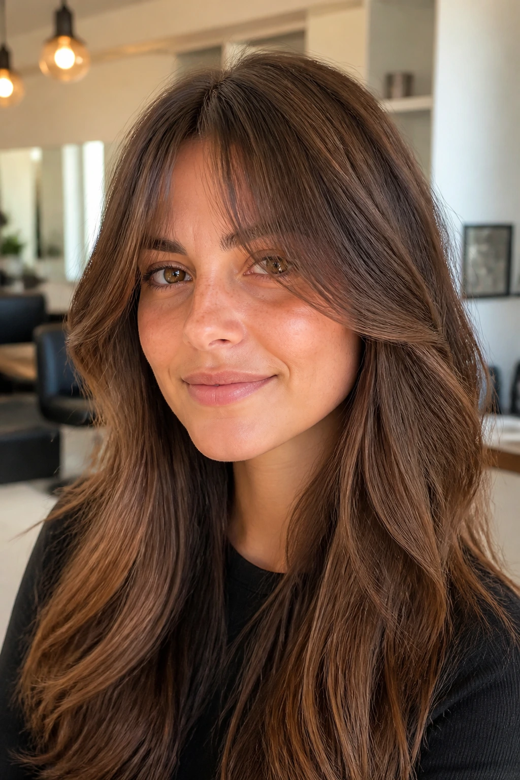 Portrait of a person with thick hair featuring feather-removed bottleneck bangs