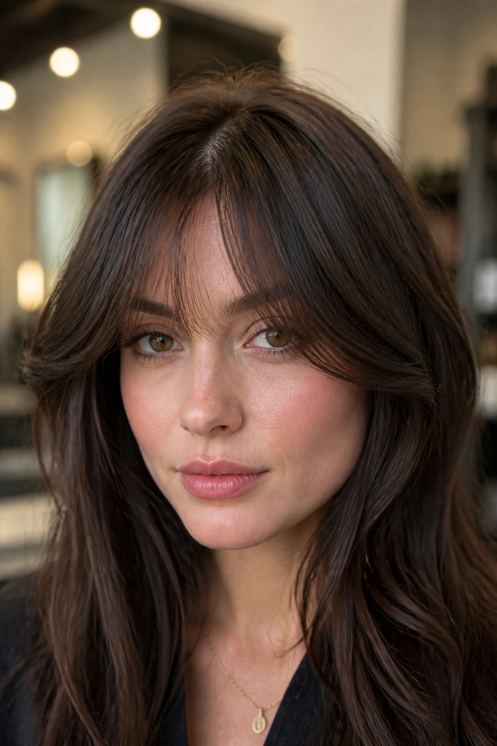 Feather-removed bottleneck bangs on thick hair on a real woman