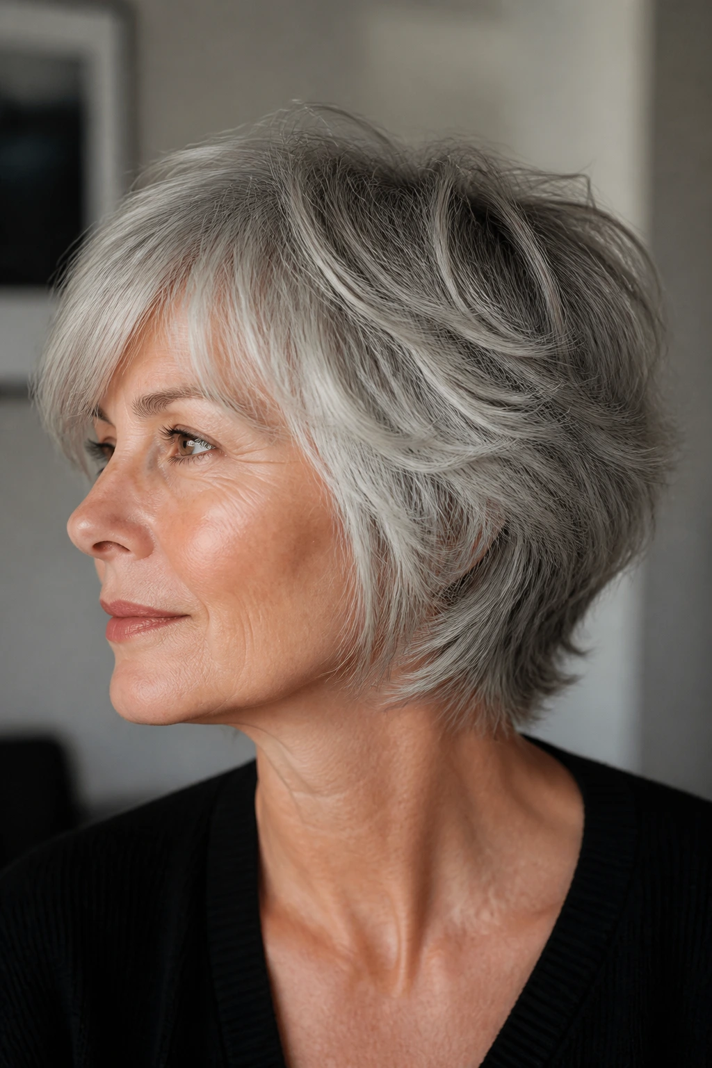 Close-up of a real person with feather-stacked gray shag bob