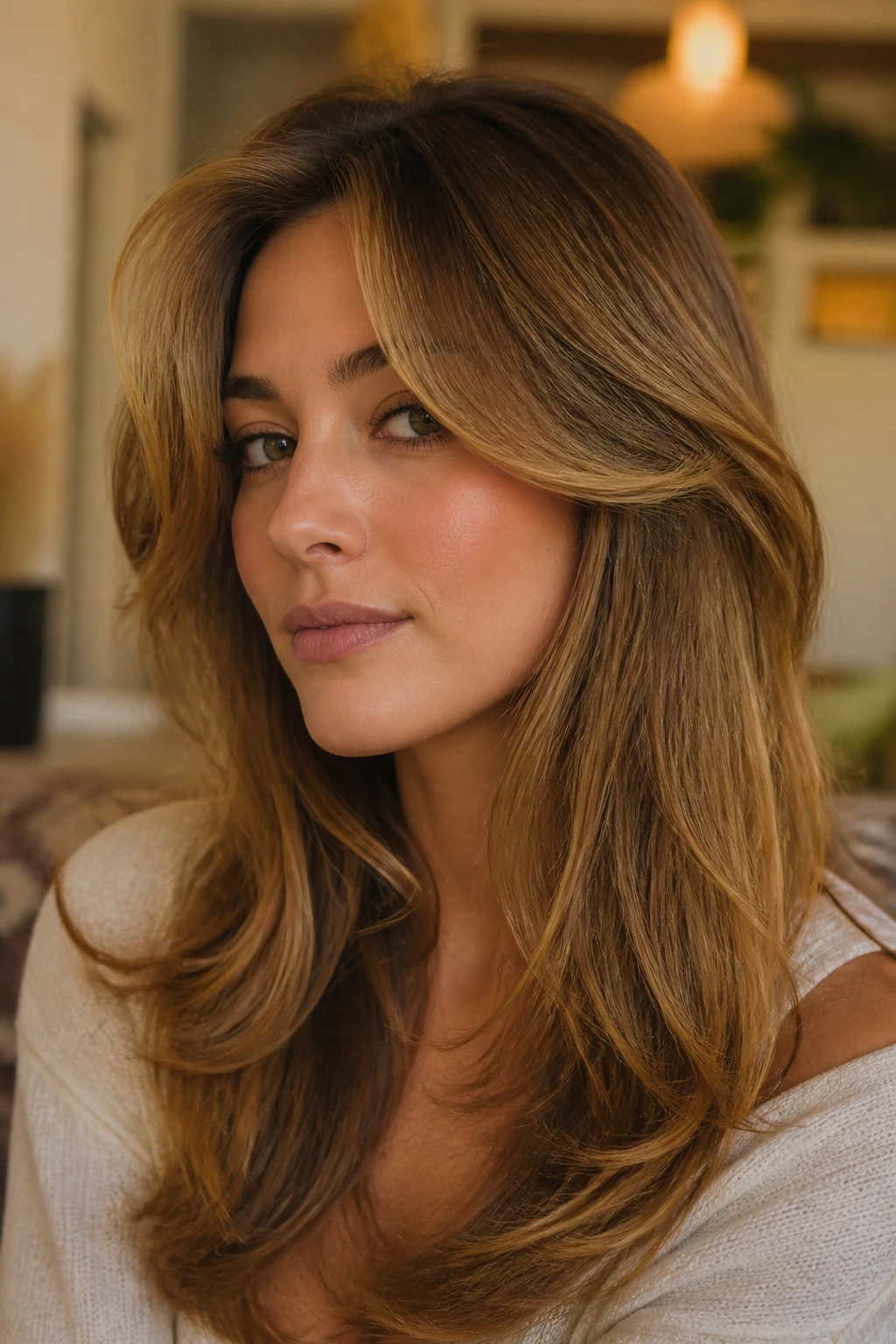 Close-up portrait of a real person with feathered curtain bangs