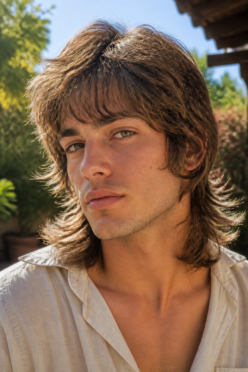 Close-up real person with feathered ends mullet in 70s style outdoors