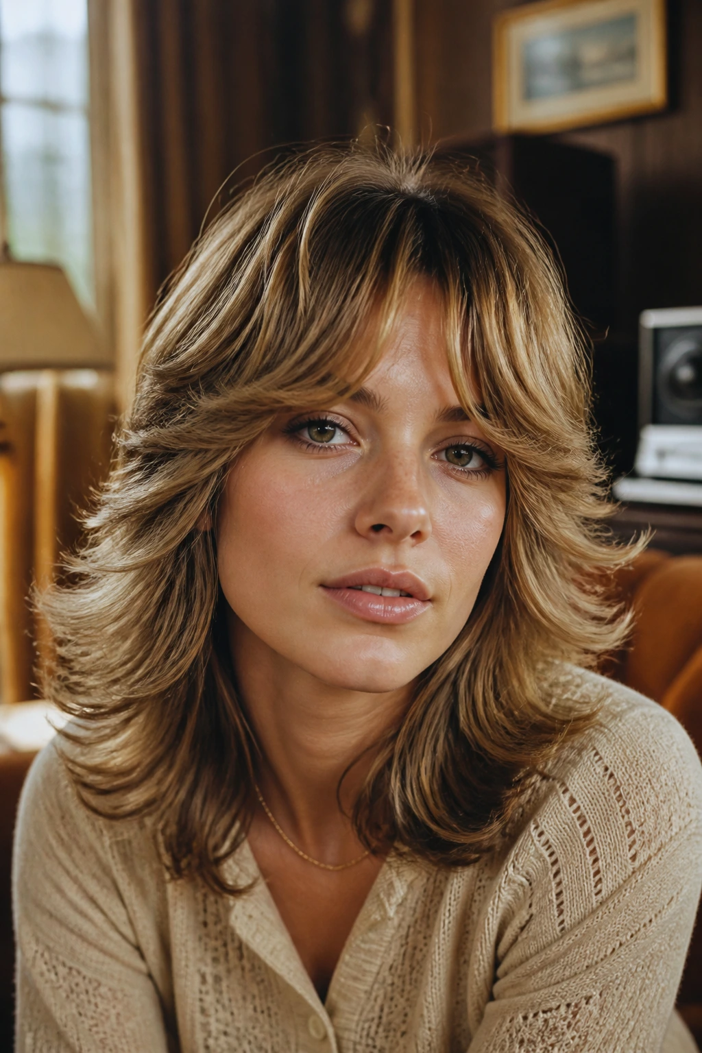 Close-up of a real woman with lifted crown and feathered ends in Feathered 70s Shag hairstyle.
