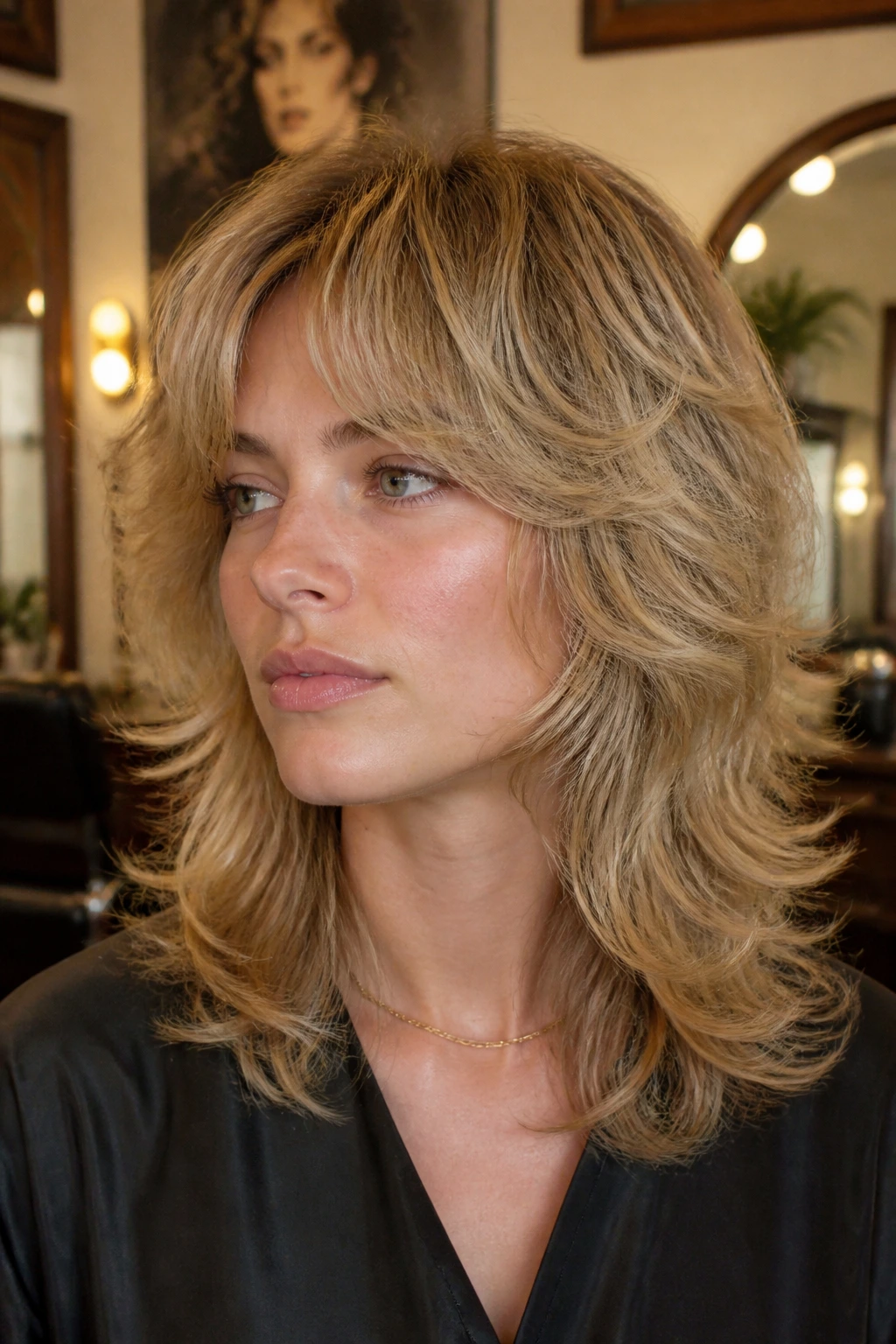 Close-up portrait of a real person with feathered 70s wolf cut