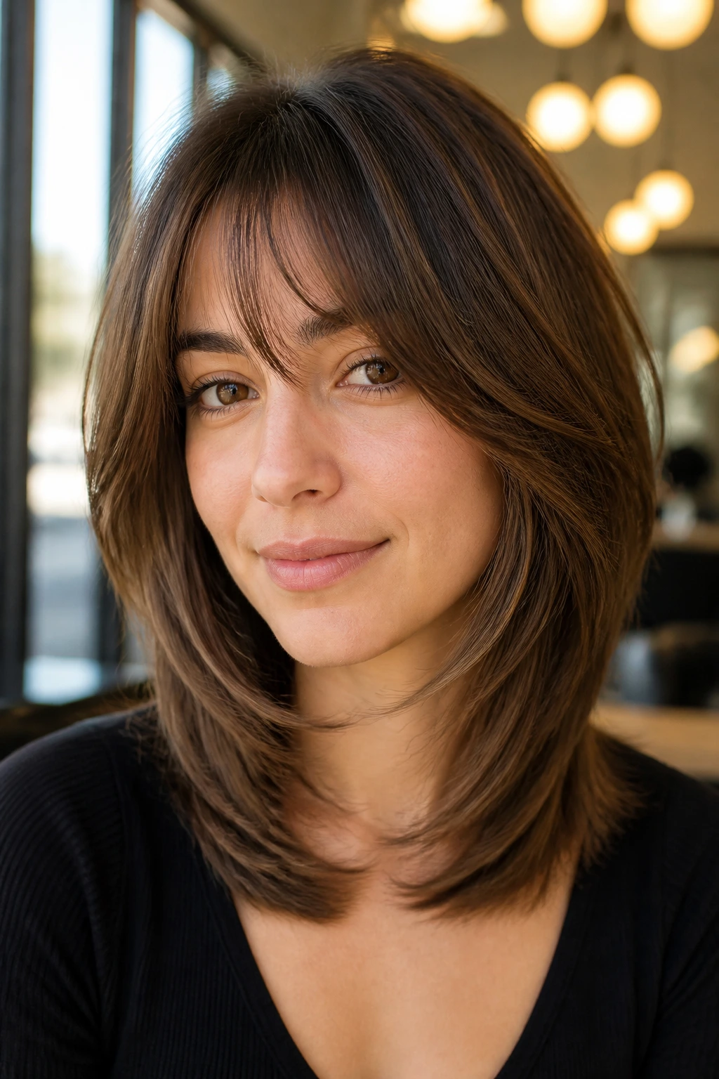 Close-up of a real person with Feathered A-Line Butterfly haircut and wispy bangs