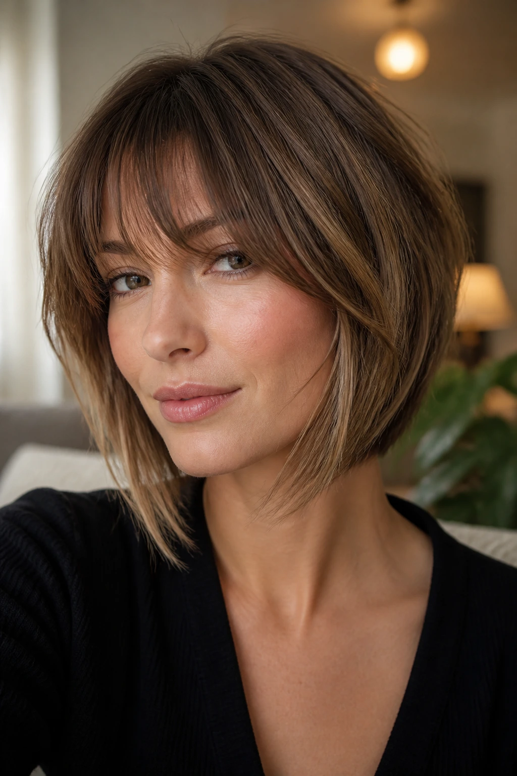 Close-up portrait of a real woman with Feathered A-Line Bob and eyelash bangs in warm light