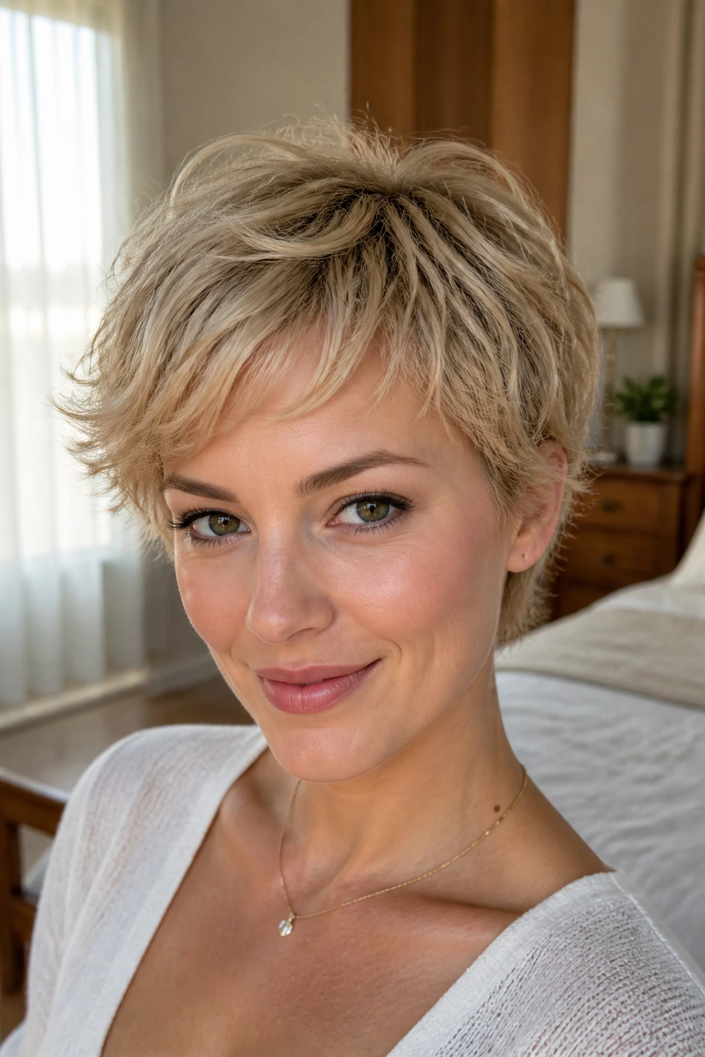Close-up portrait of a real woman with feathered airy pixie hairstyle under natural window light