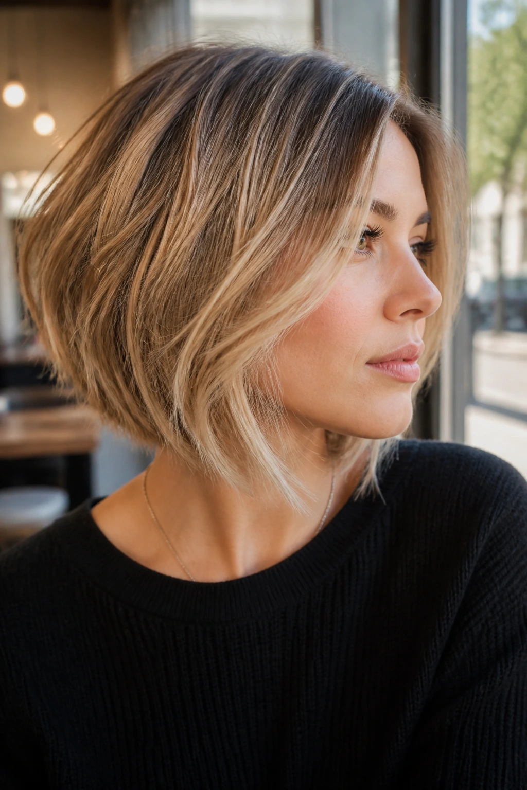 Close-up portrait of a real woman with a feathered angled bob with light, airy ends