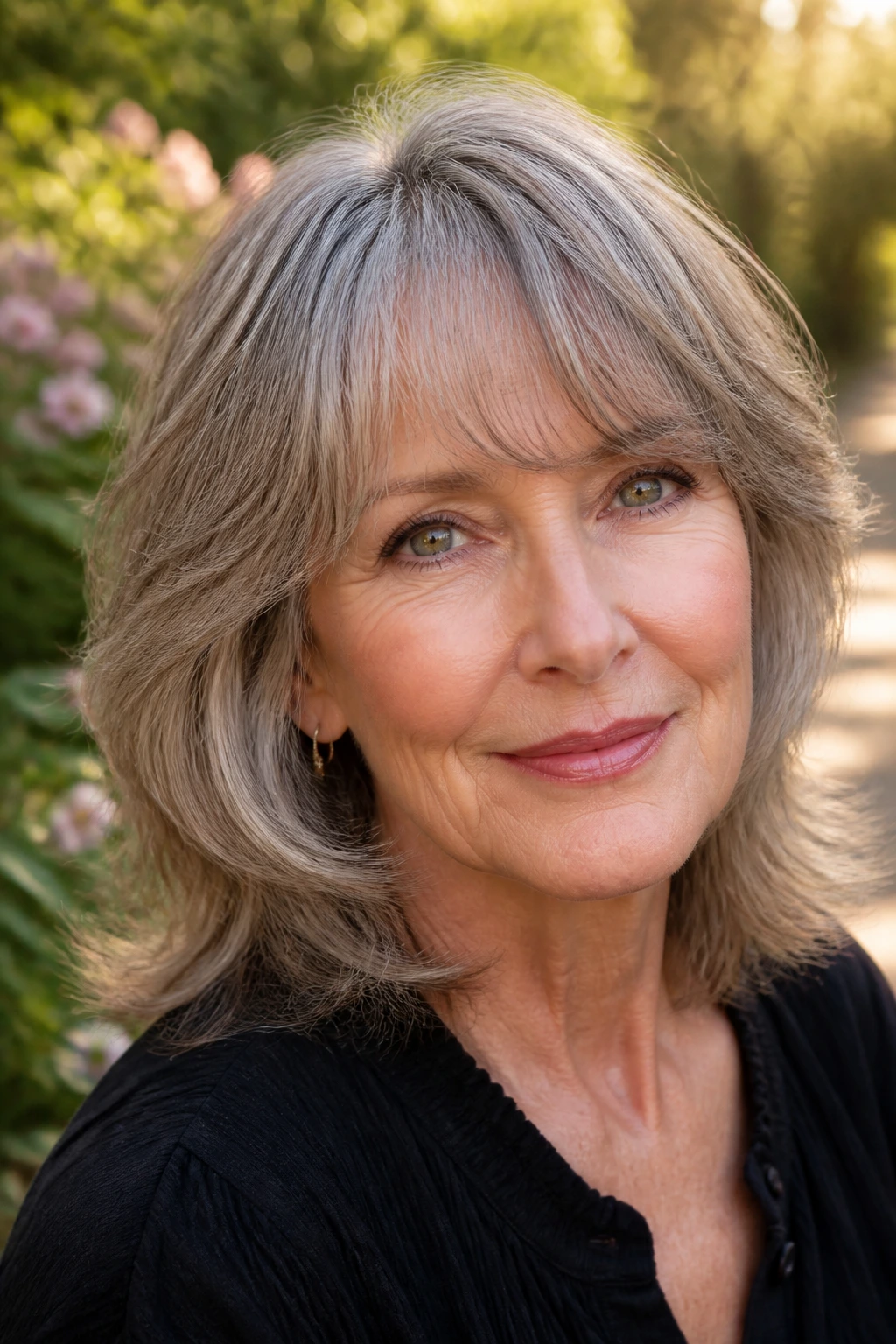 Close-up of a real woman with feathered arched bangs in golden hour light