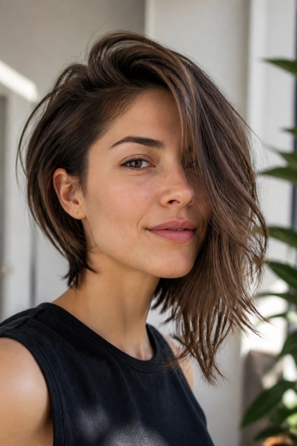 Real person with a feathered asymmetrical cut and longer side.