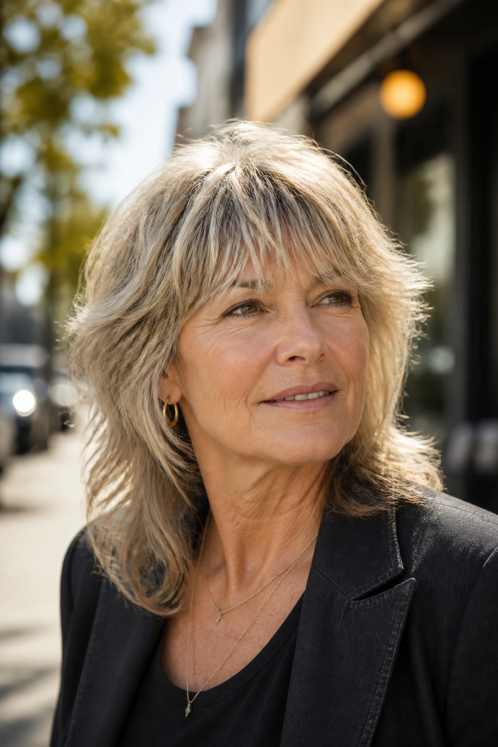 Portrait of a real woman with feathered bangs mullet and soft, moving fringe.