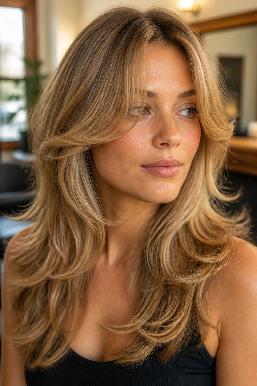 Close-up of a woman with feathered 1970s frame bangs in a soft salon setting