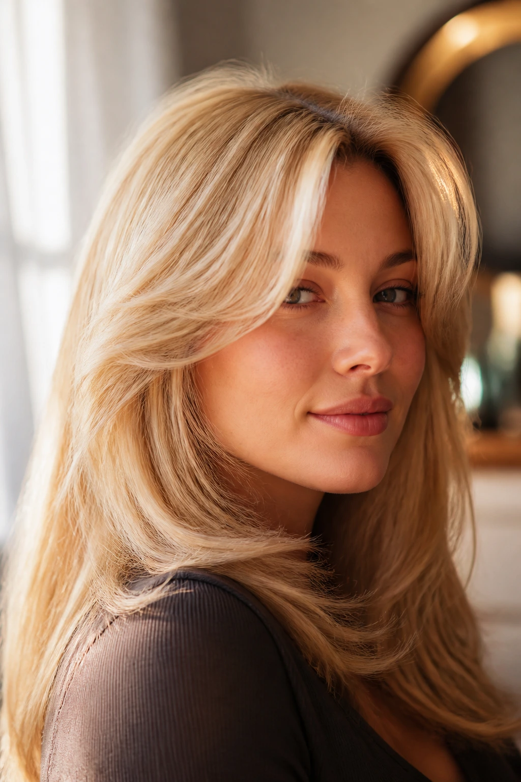 Close-up of a real woman with feathered 90s blowout bangs in warm light