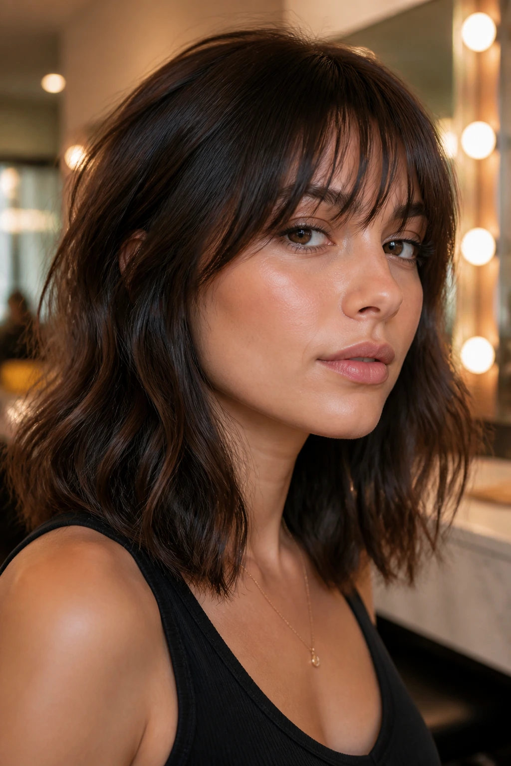 Close-up portrait of a real person with feathered bangs and blunt ends in warm makeup room light