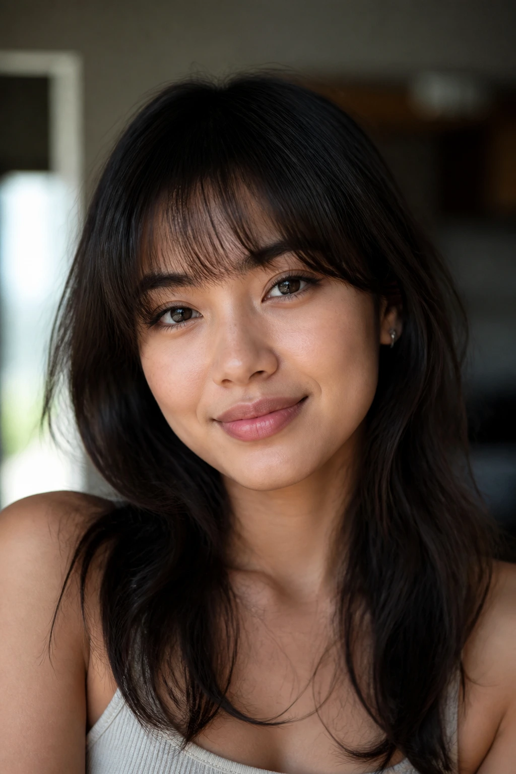 Portrait of a woman with brow-grazing feathered bangs in natural light