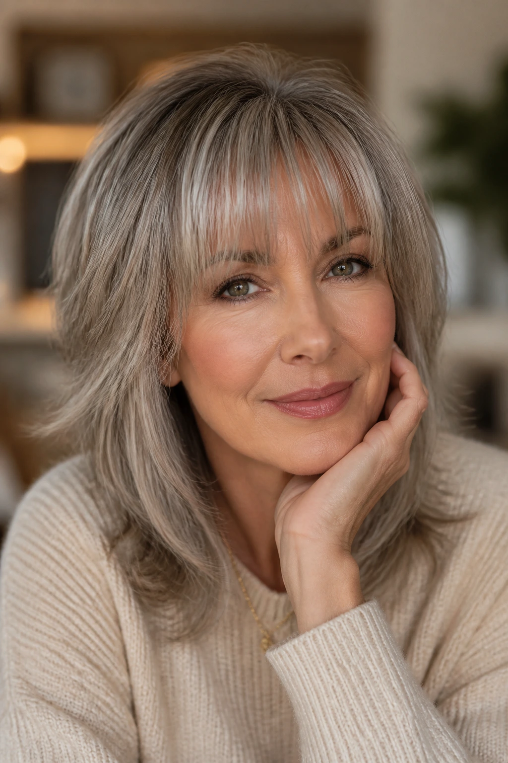 Close-up of a real woman with feathered bangs in a warm interior