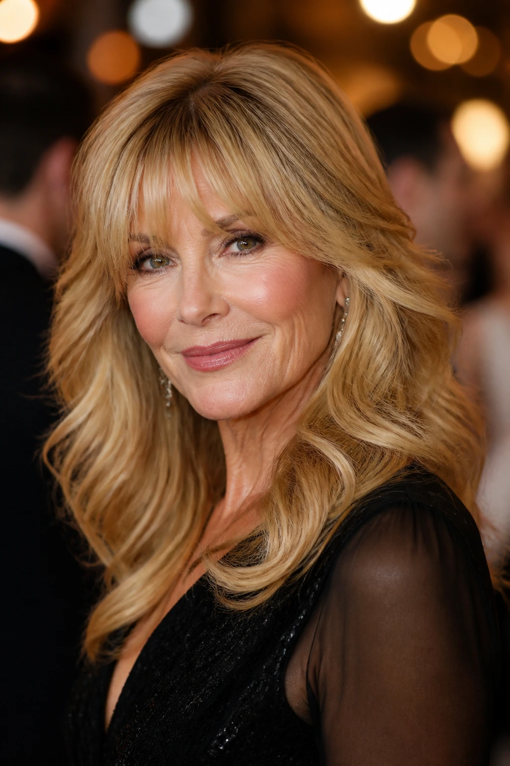 Real woman with glamorous waves and feathered bangs at an evening event