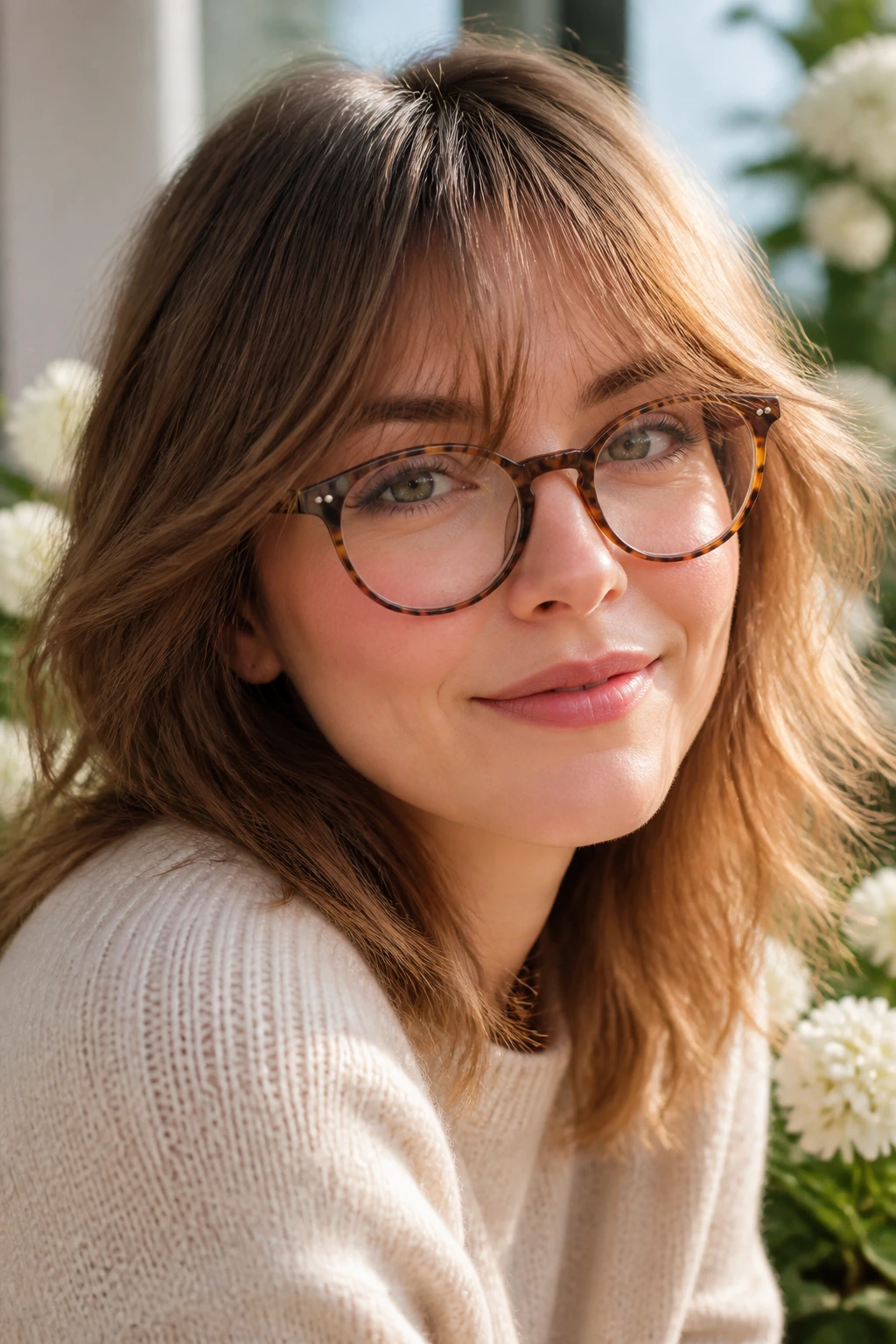 Close-up of a real woman with feathered bangs and glasses