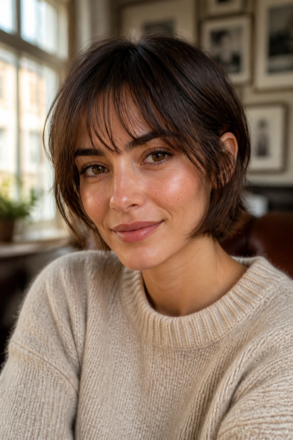 Close-up of a woman with feathered bangs that grow out gracefully