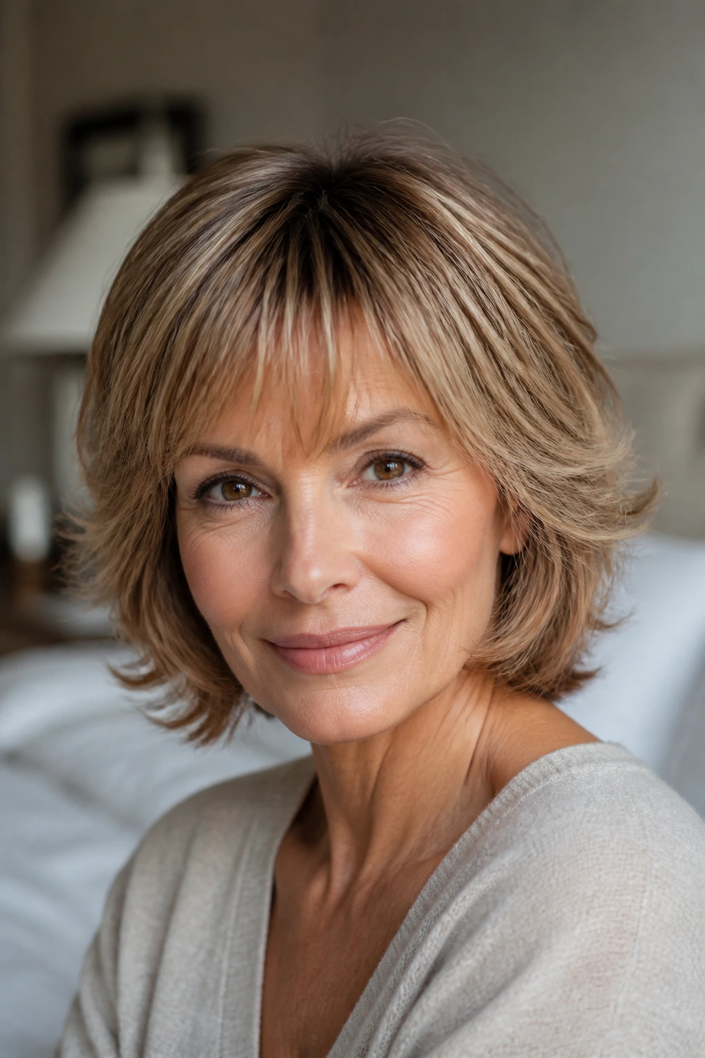 Close-up of a real woman with feathered bangs framing her face in natural light
