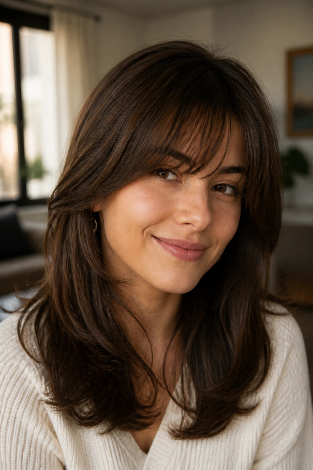 Person wearing feathered bangs with a soft, natural look