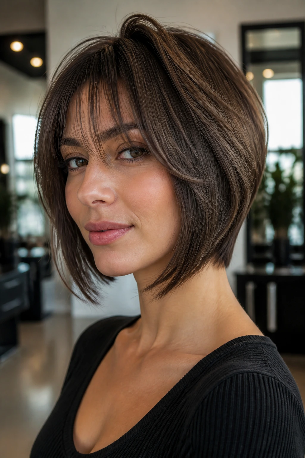 Close-up portrait of a real woman with inverted butterfly bob and feathered bangs