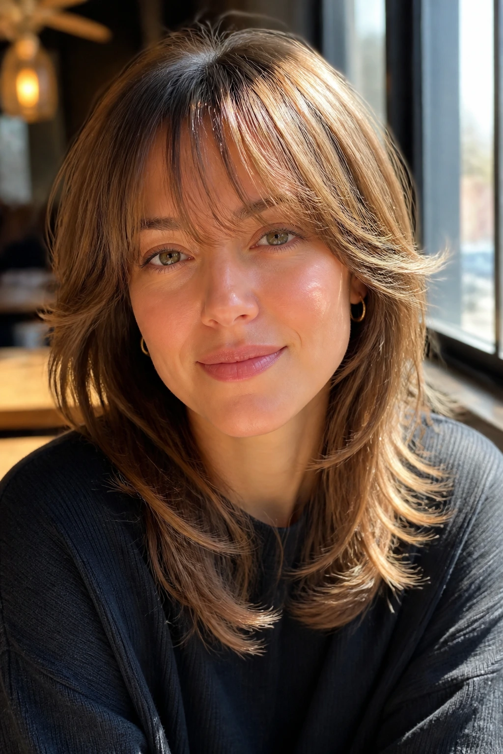 Portrait of a woman with feathered bangs and soft layers.