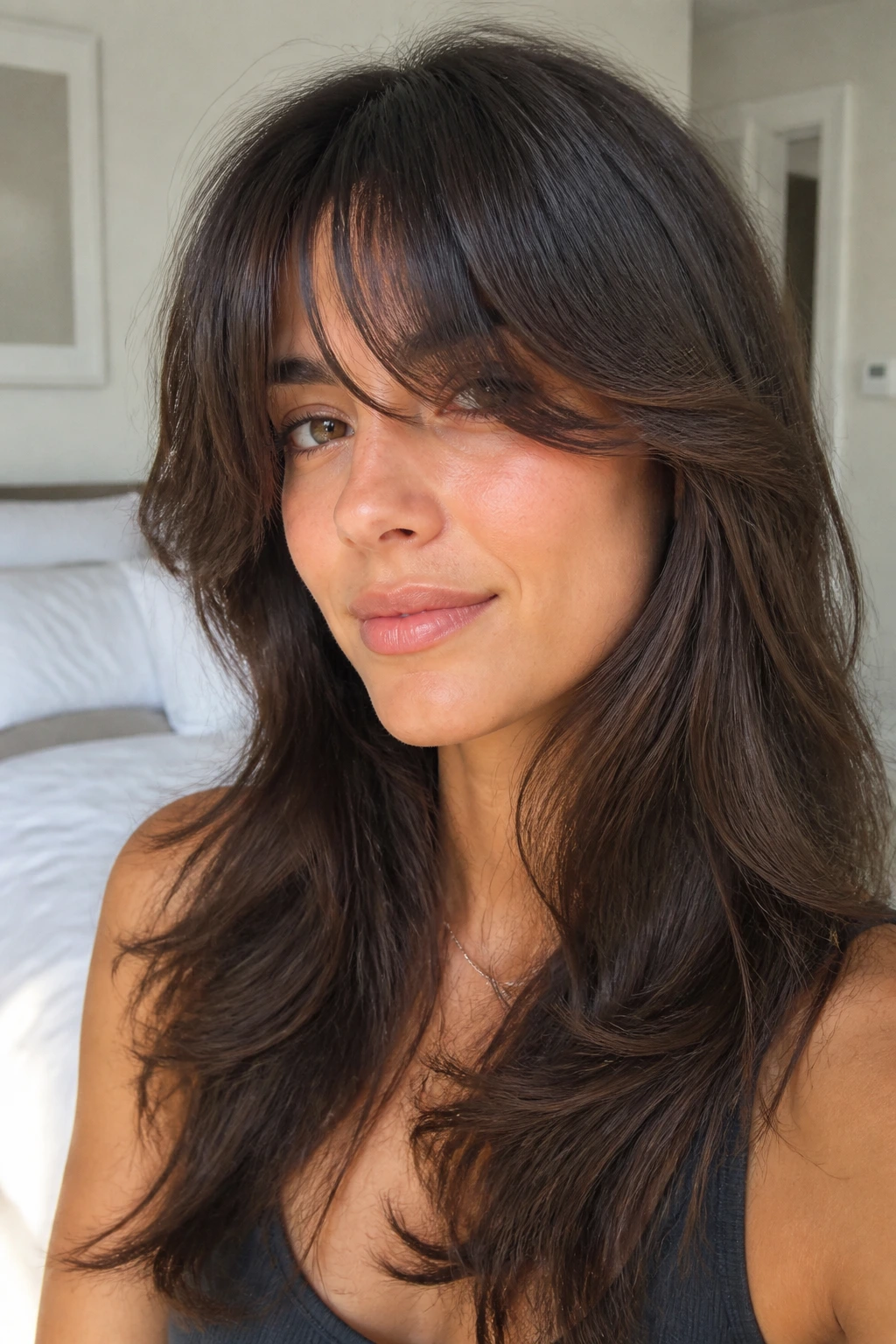 Close-up of a real woman with feathered bangs blending into layered hair in soft light