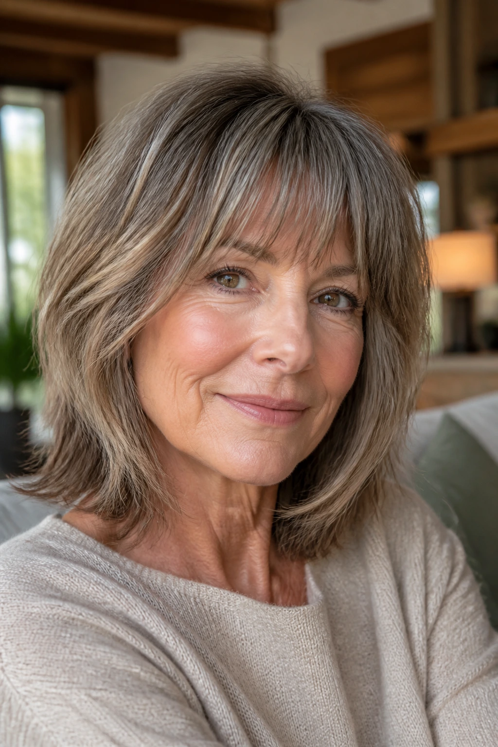 Close-up of a real woman with a shoulder-length lob and feathered bangs in warm window light