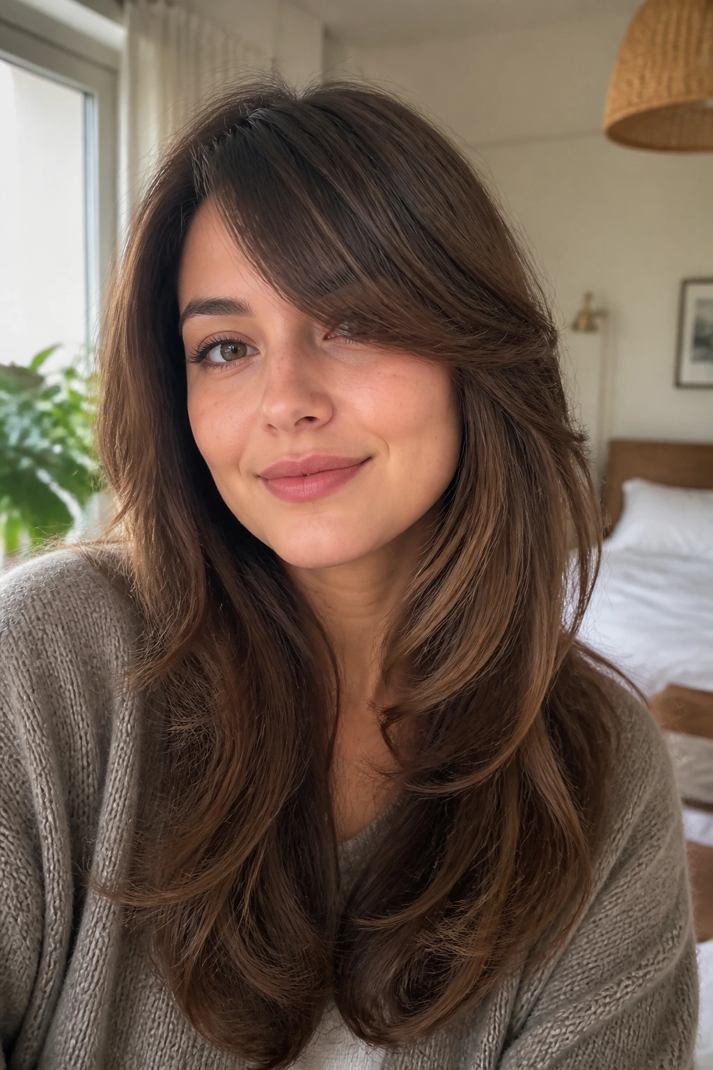 Close-up portrait of a real woman with feathered side bangs blending into long layers in a cozy bedroom with daylight