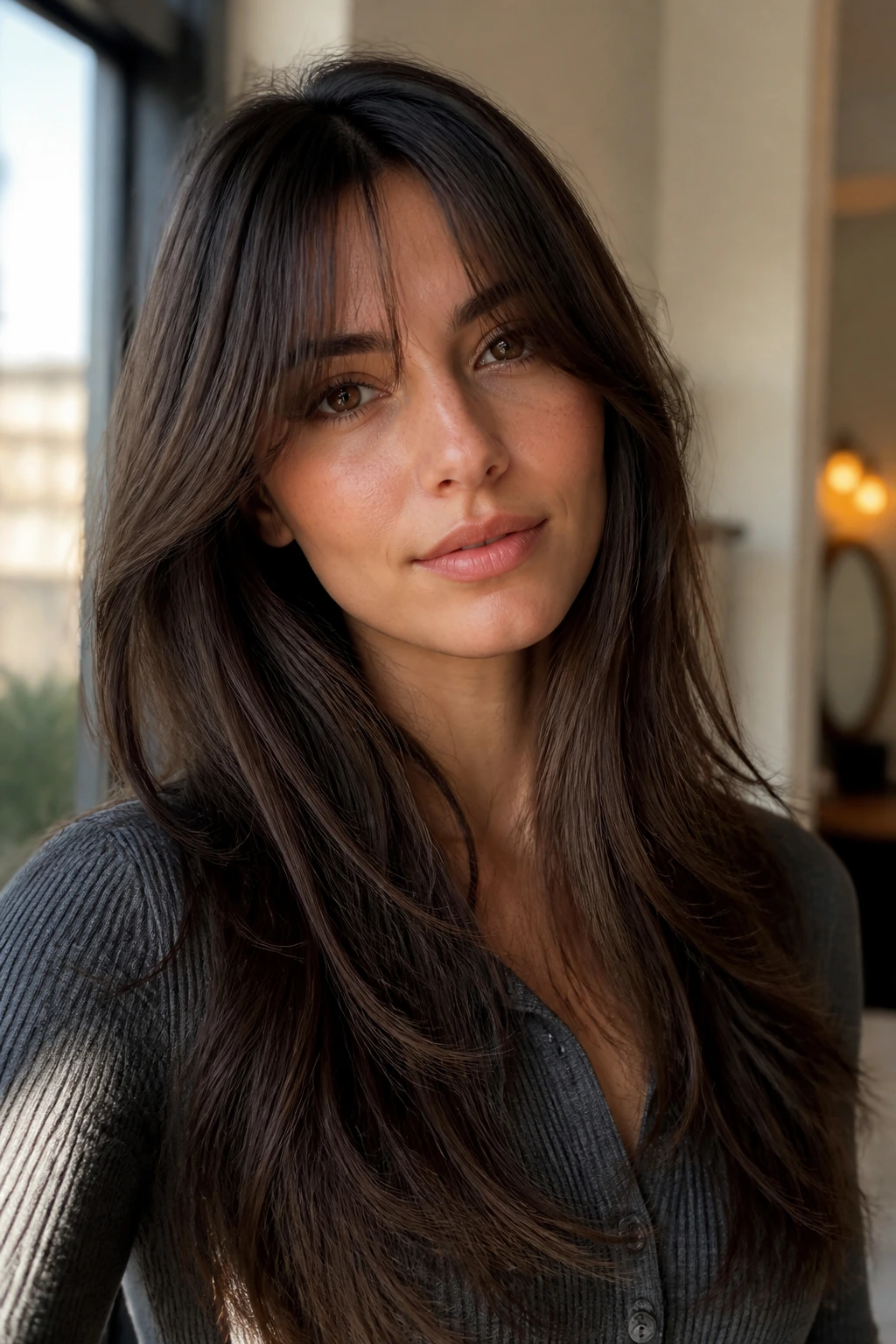 Portrait of a person with long feathered bangs blending into length in a sunlit room