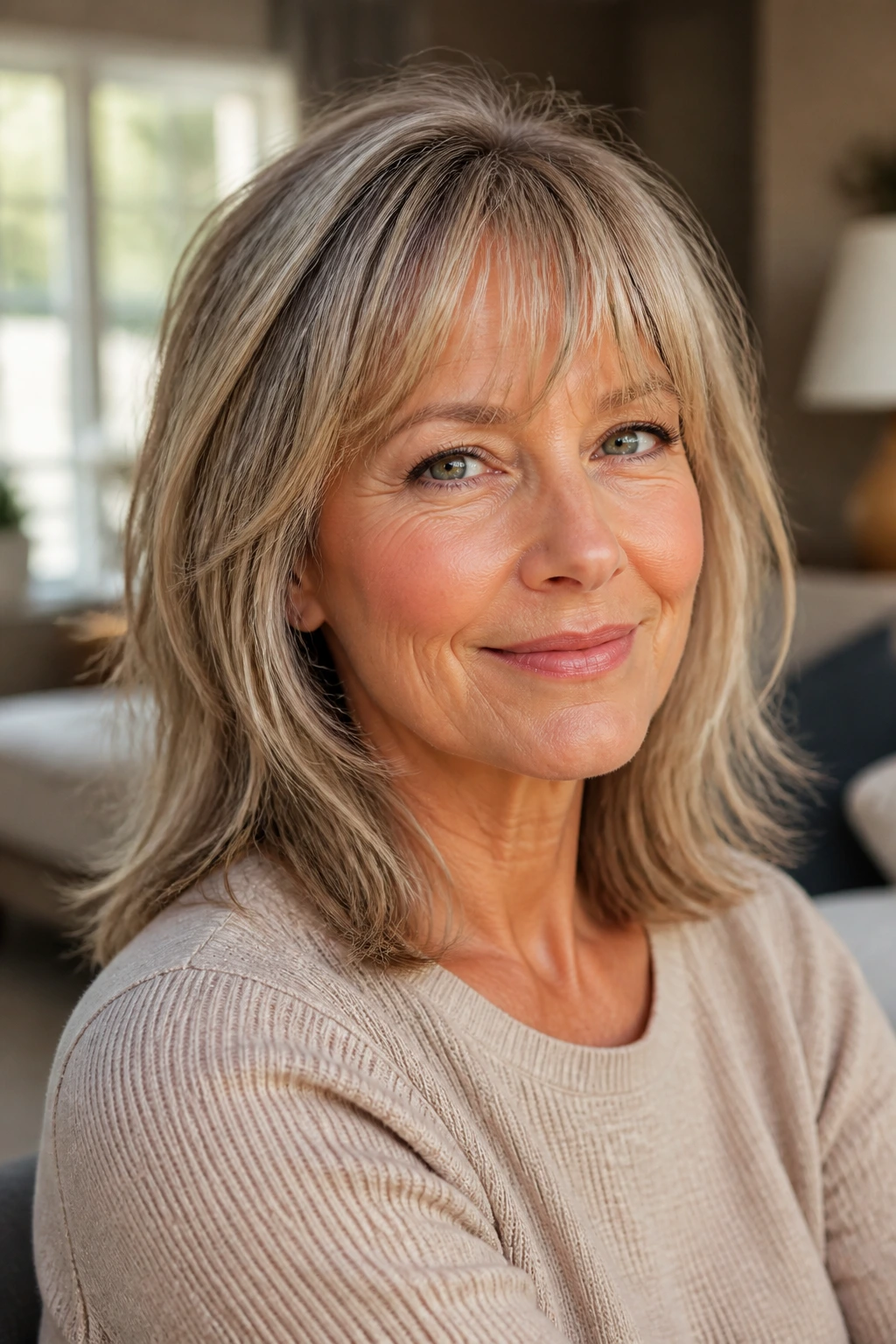 Close-up portrait of a mature woman with feathered bangs in warm window light