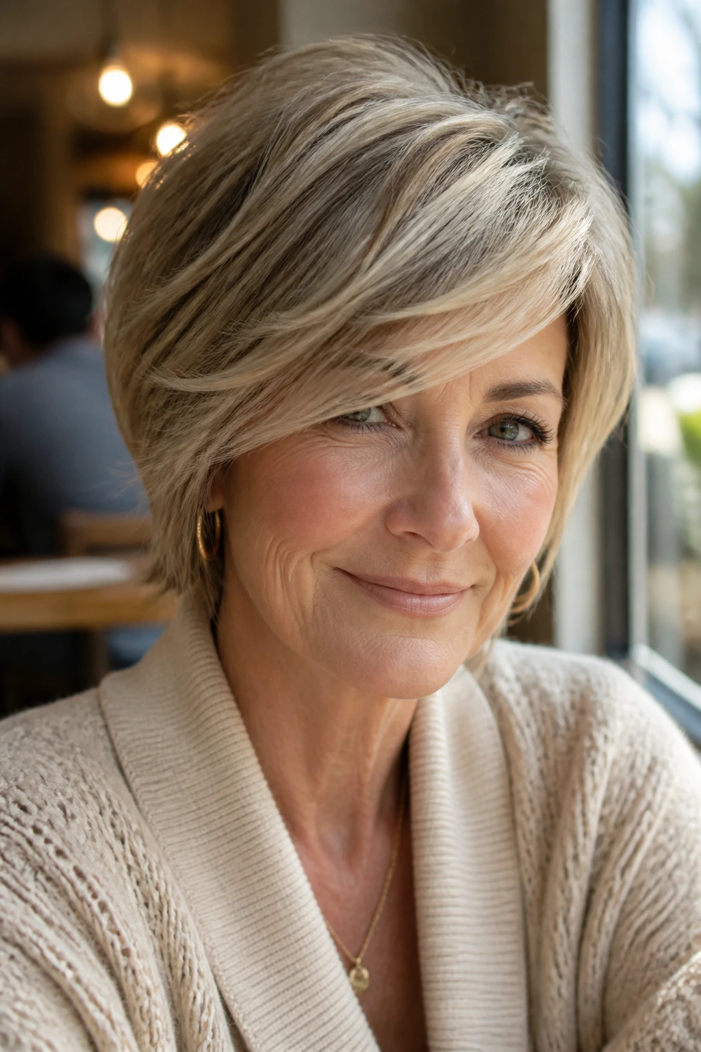 Portrait of a woman with side-swept feathered bangs at a cafe window