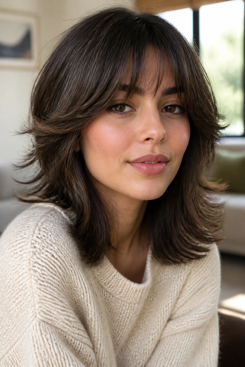 Close-up portrait of a person with feathered bangs flicking outward