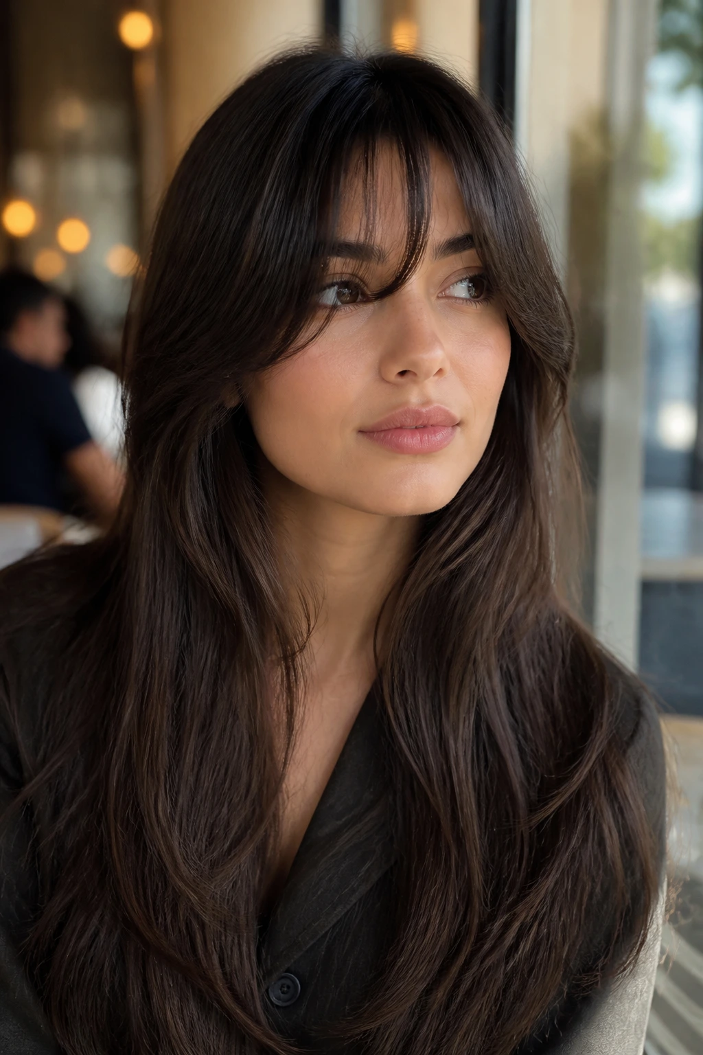 Close-up of a real woman with soft feathered bangs and long hair in a sunlit cafe setting