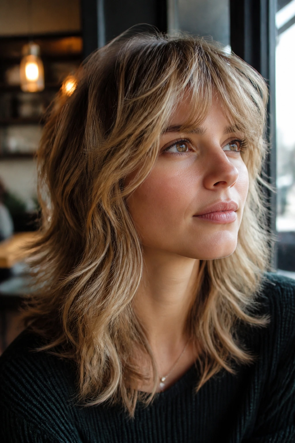 Close-up portrait of a real woman with feathered bangs shag and soft fringe