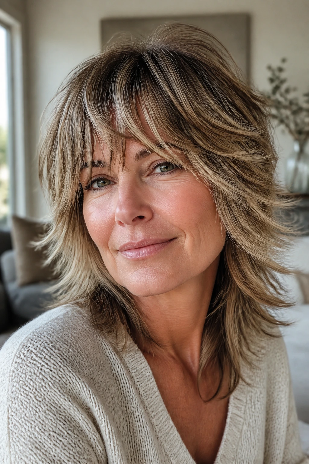 Close-up of a real woman with feathered bangs in a shag cut, natural light