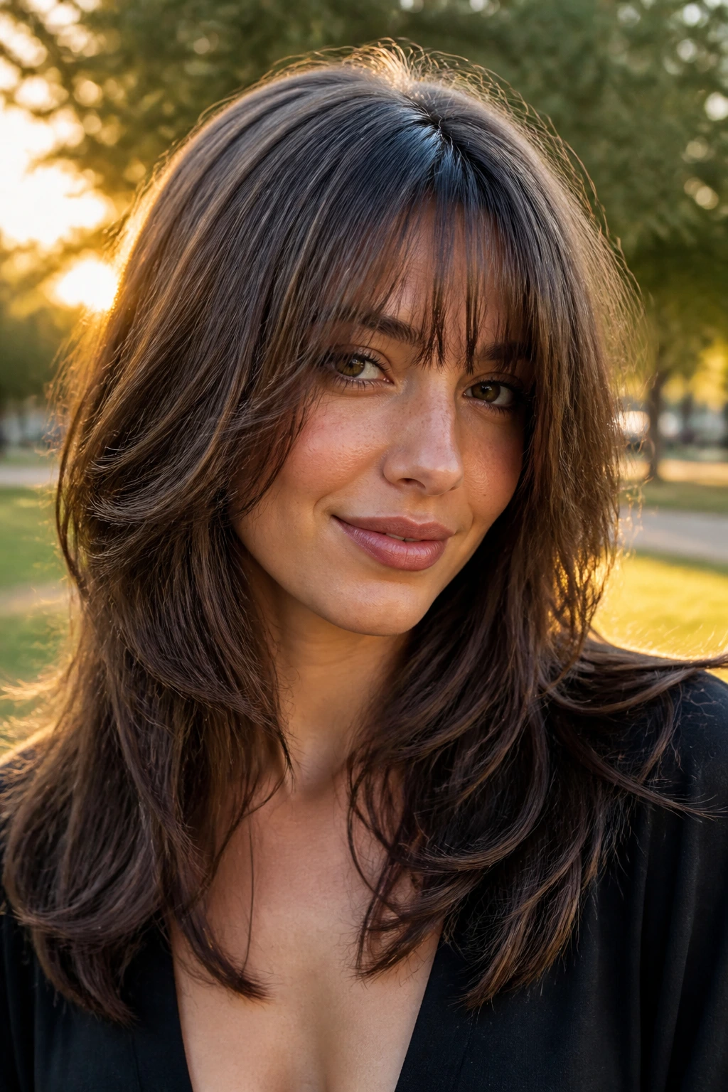 Close-up of a real woman with feathered bangs and a soft edge in golden hour light.