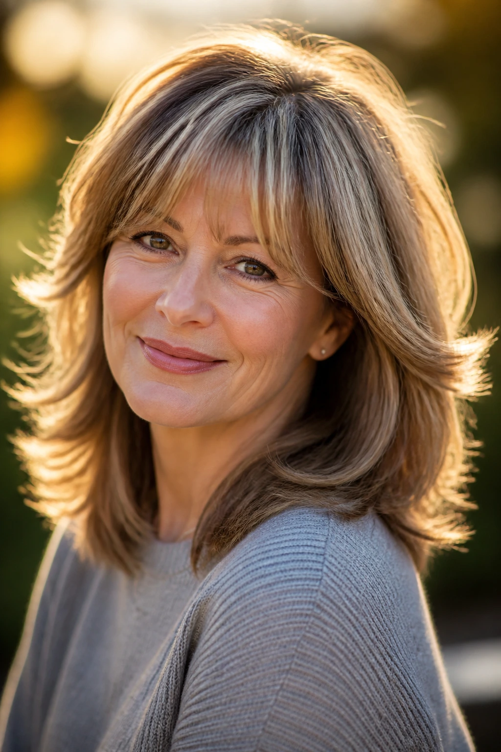 Close-up of real woman with feathered bangs and soft flip in golden hour light