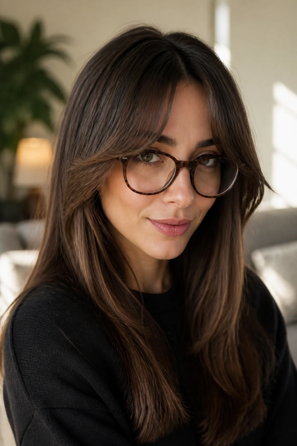 Close-up of a real woman with feathered curtain bangs on straight hair in warm window light