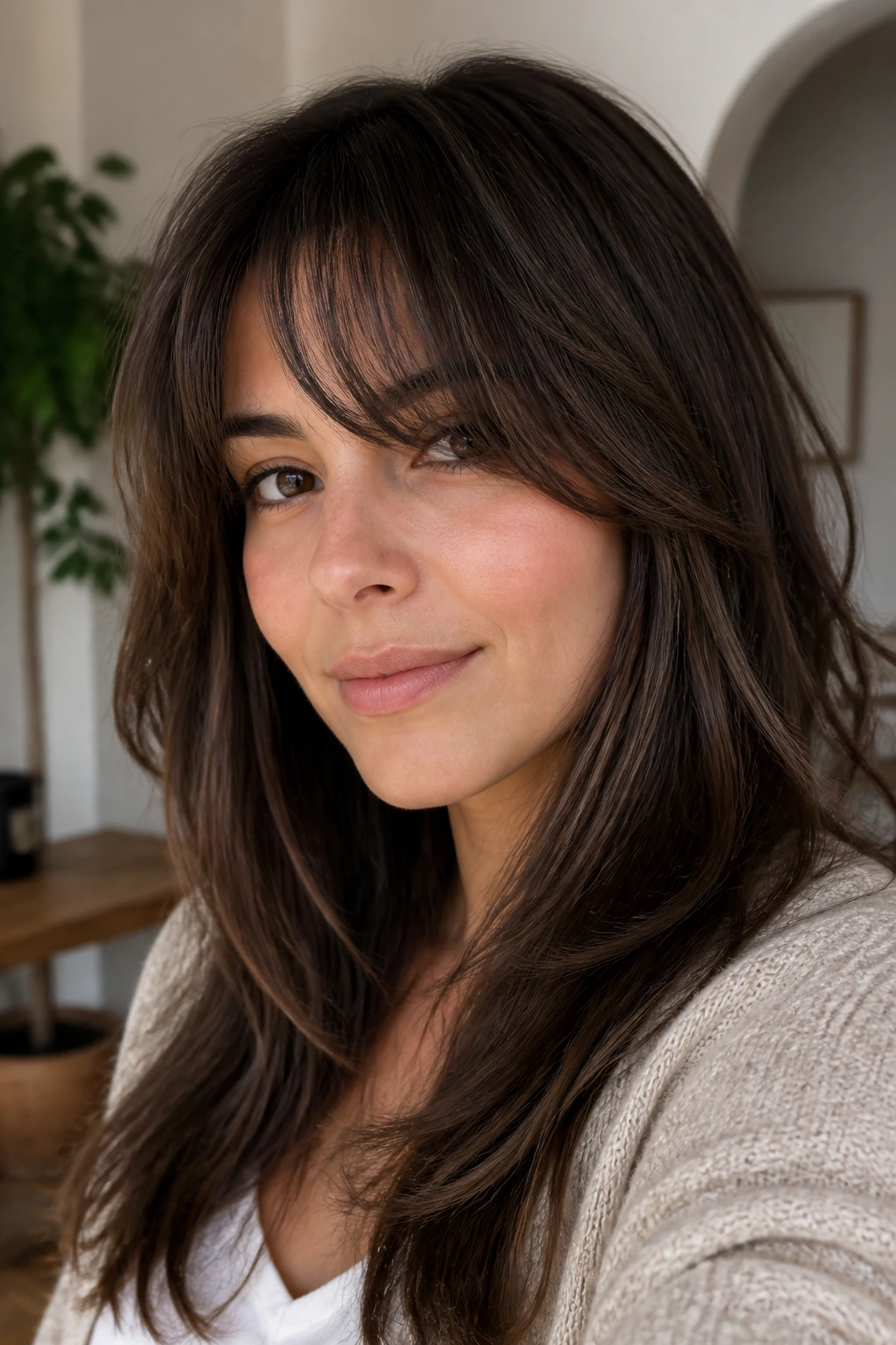 Close-up of a real woman with feathered bangs and textured fringe