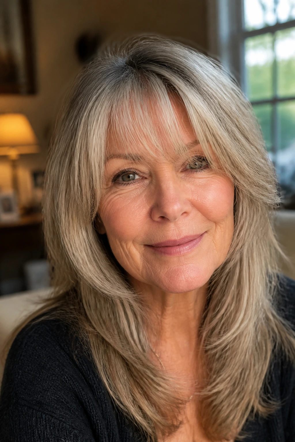 Close-up of real woman with thinning-hair friendly feathered bangs