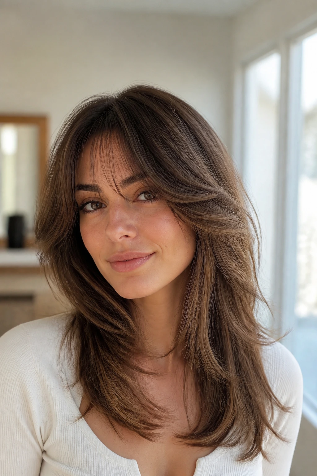 Close-up portrait of a real person with feathered bangs and a V-cut