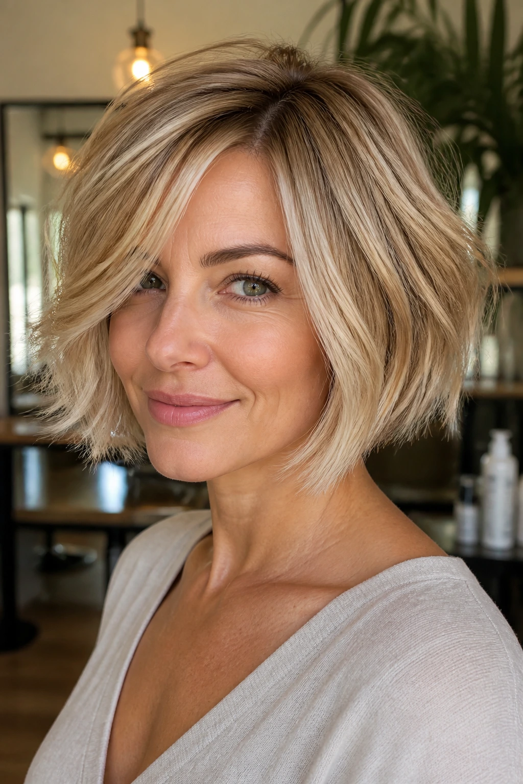 Close-up of a real woman with a feathered beige bob and soft beige highlights