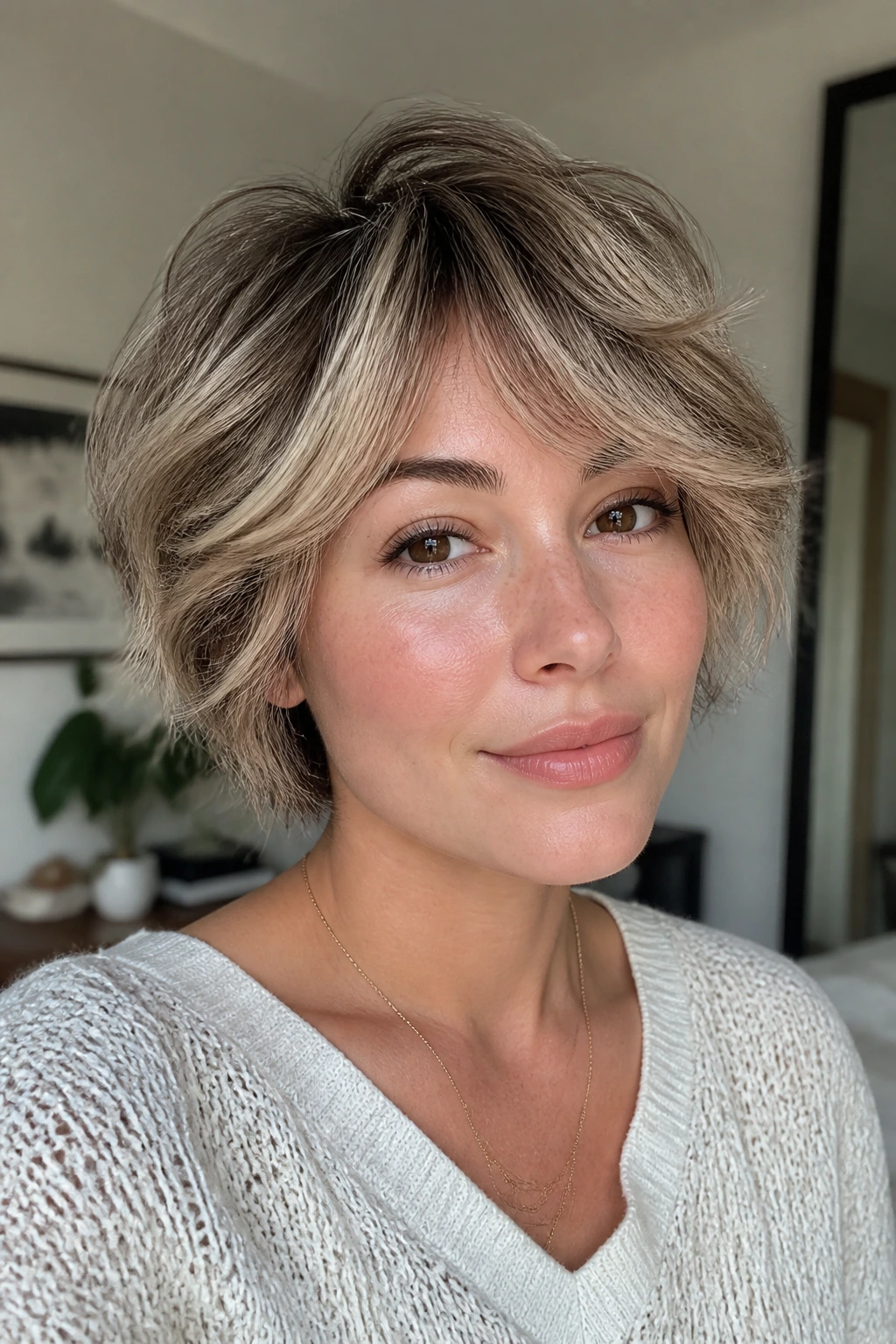 Portrait of a person with feathered bixie hairstyle.