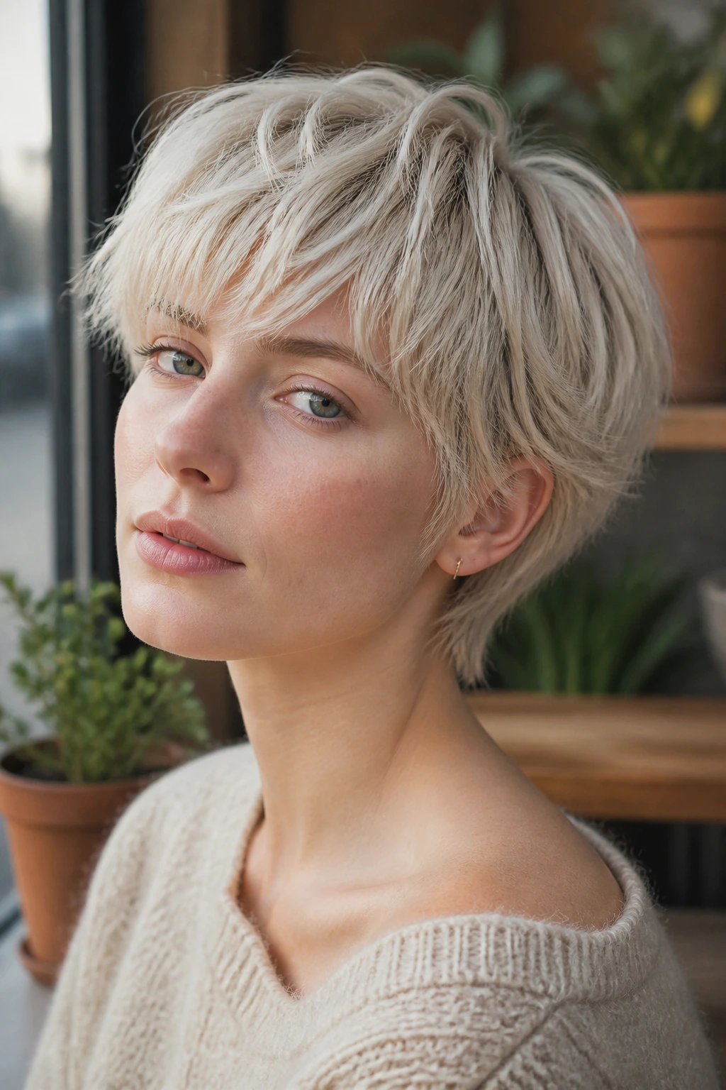 Close-up of feathered bixie cut on a real woman with soft edges and pale skin